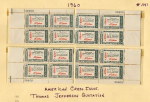 1141 Tomas Jefferson, American Credo Matching Plate Blocks MNH 1960