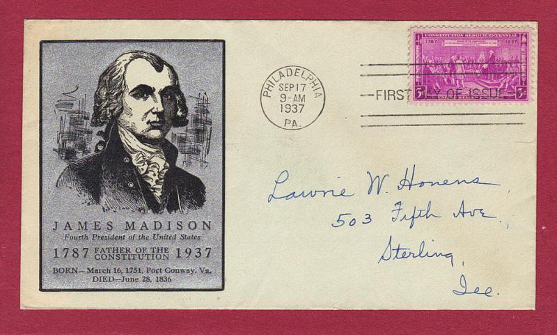 1937 3c CONSTITUTION SESQUICENTENNIAL #798-P11, FDC, LP