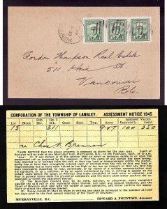 Canada-cover #13929-Murrayville,BC cds-De 15 12944-1c KGVI war strip of 3-Assess