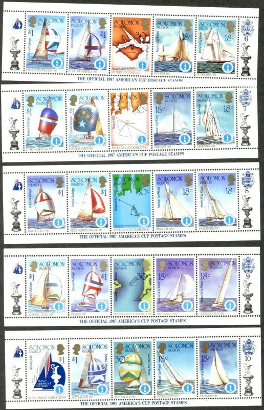 SOLOMON IS. Sc#570-574 1986 America's Cup Ten Strips of Five Complete MNH