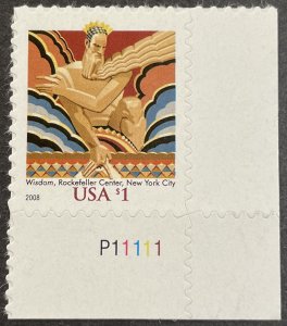 US #3766a MNH $1 Wisdom, Rockefeller Ctr, NY (Corner P#) 2008 [R1111]