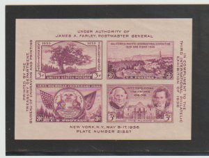 US Scott #778  TIPEX 1936 Philatelic Exhibition Souvenir Sheet, OG, MNH