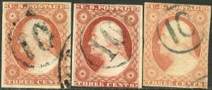 #11 USED WITH 3 DIFFERENT 10 NUMERAL CANCELS BP1966