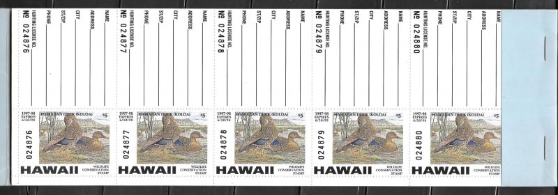 Hawaii Scott HI2 MNHOG Complete Booklet of 25 -1997 Wildlife Conservation Stamps