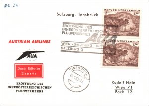 Austria Austrian Airlines Salzburg to Vienna 1963 1st Flight Cover