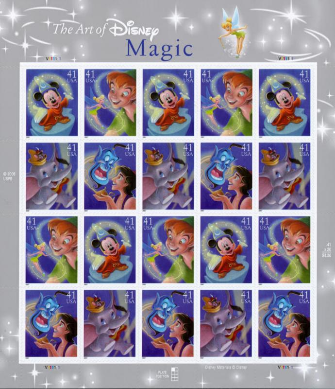 2007 41c The Art of Disney, Magic, Sheet of 20 Scott 4192-95 Mint F/VF NH