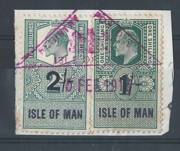 Isle of Man 1904 KE7 1s 2s Revenue stamps fu on piece in 1919 neat triangular Re