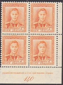 NEW ZEALAND GVI 2d plate block # 140 MNH....................................4140