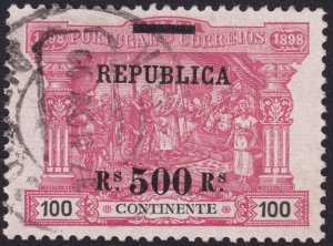 Portugal 1911 #198 vf u vf; 500r on 100r Carmine on Pink Paper;