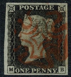 GB 1d Black. Plate 2 MB. Four good to large margins cancelled red red Malte...