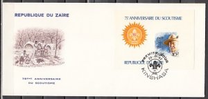 Zaire, Scott cat. 1090. Scouting Anniversary s/sheet, IMPERF. First day cover. ^