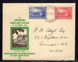 Australia NSW Anniversary FDC New Castle to US 1937 c499