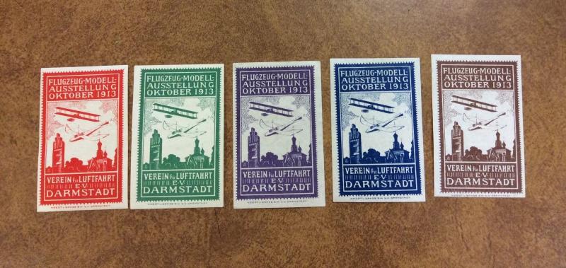 Germany 1913 Darmstadt Air Show 5 Cinderellas Poster Stamp labels w/  biplanes