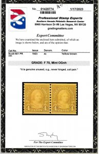 U.S. Scott # 601 PR, 4¢, 1923, PSE Cert., F 70, M, OGnh, Coil Pair, Yellow Brown