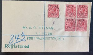 1920 Turks & Caicos Island Reg Cover To Port Washington NY USA War Tax Stamp 5 