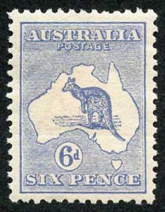 Australia SG9  6d Ultramarine Roo wmk Wide Crown M/Mint (hinge remainder)