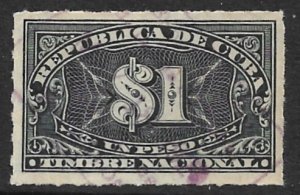 CUBA 1919 $1.00 Rouletted GENERAL REVENUE GP14 Used