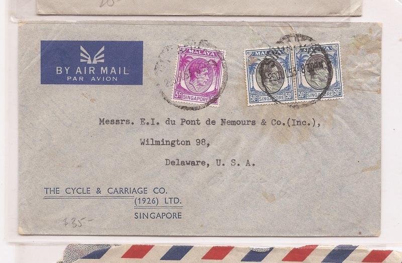 Malaya Singapore KGVI 5c + 50c pair cover to USA (bae)