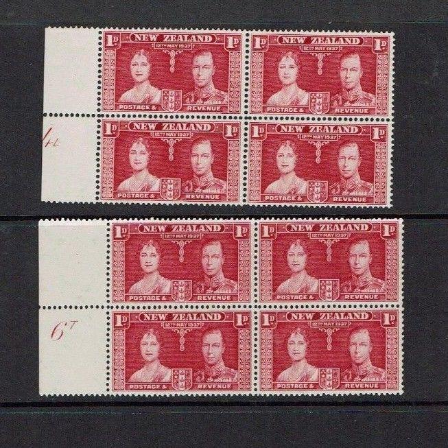 New Zealand: 1937 Coronation, 1d, 2 different plate blocks,  MNH