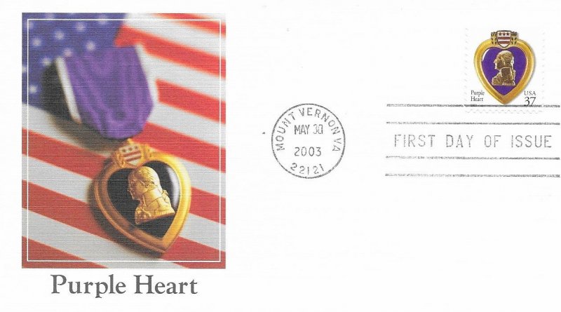 2003 FDC, #3784, 37c Purple Heart, 2 diff. cachets