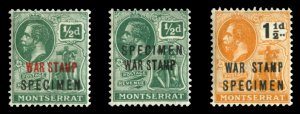 Montserrat #MR1-3S (SG 60-62s) Cat£110, 1917-18 War Tax, set of three, overp...