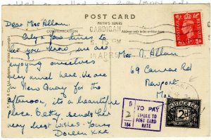 GB Wales KGVI Card Underpaid Postage Due Cardigan Newport 1951{samwells}MZ598