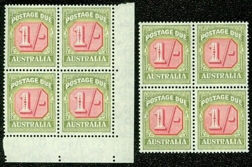 EDW1949SELL : AUSTRALIA : 1947. SG #D128. 2 Blocks of 4. VF, MNH. Catalog £136.