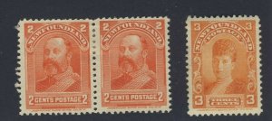 3x Newfoundland Stamps Pair #82 2c Vermillion MNG F+ #83-3c Orange MH VF GV= $60