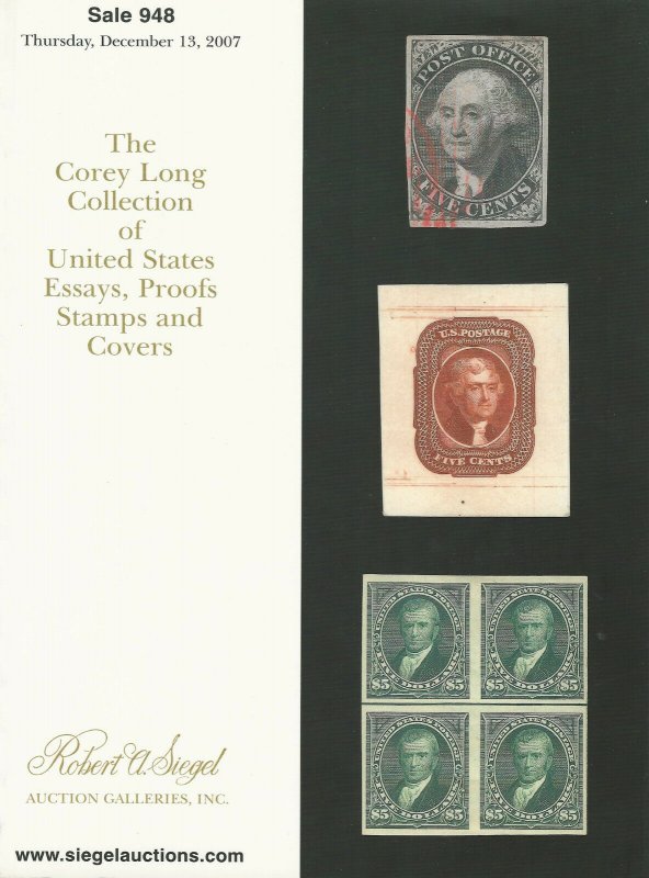 Corey Long, U.S. Essays, Proofs & Stamps, R. A. Siegel, Sale #948, Dec. 13, 2017