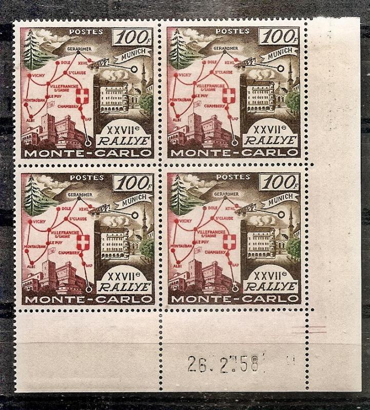 Monaco  411 MNH 1958 Monte Carlo Rally P# Block CV $32.00