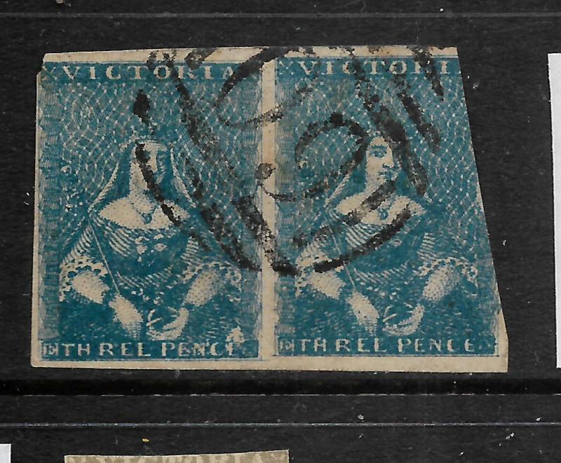 VICTORIA  1850-53  3d  DEEP BLUE  QV IMPERF PAIR  FU  SG 11a