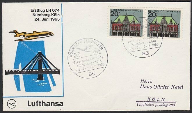 GERMANY 1965 Lufthansa first flight cover to Nurnberg to Koln...............H276