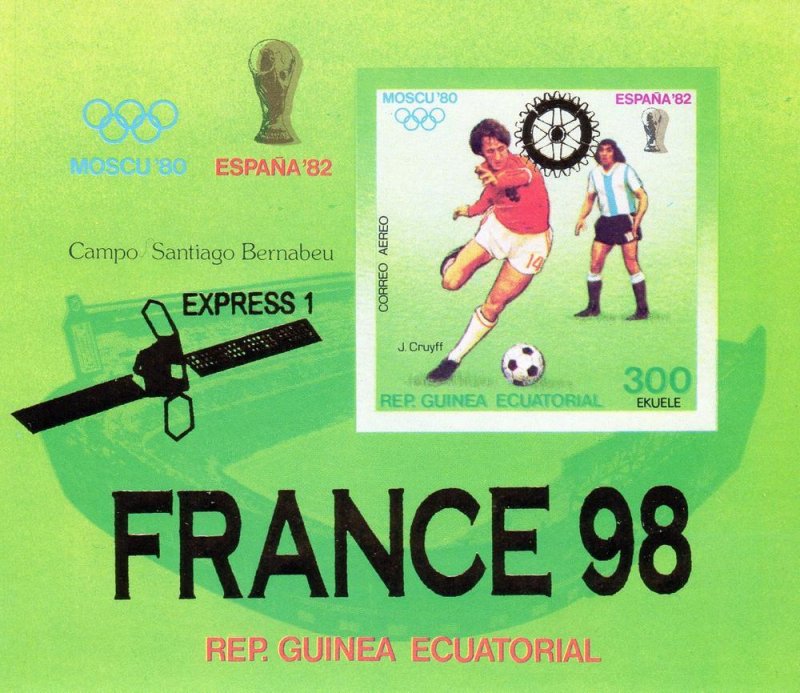 Equatorial Guinea  Moscow'80 ovpt.Gold France 98 W.C./Space/Rotary S/S MNH