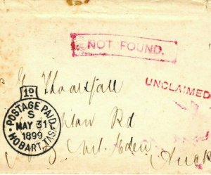 Australia TASMANIA Cover Hobart Paid 1899 NOT FOUND *Mt.Eden* NZ UNCLAIMED GJ198