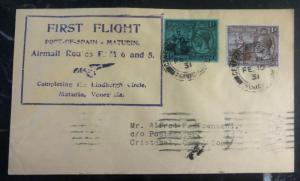 1931 Port Spain Trinidad First Flight Cover FFC To Cristobal Canal Zone Panama B