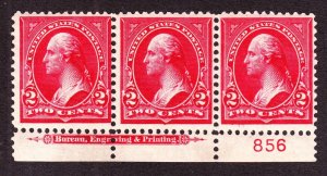 US 279b 2c Washington Bottom Plate #856 Strip of 3 Mint F-VF OG LH/NH/NH SCV $65