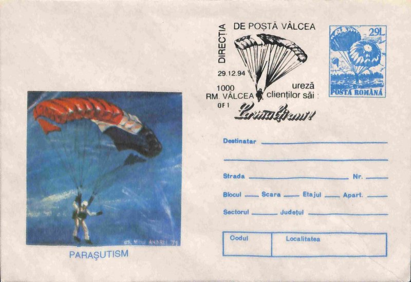 Romania PSE prepaid envelope used 1993 parachuting parachute aviation
