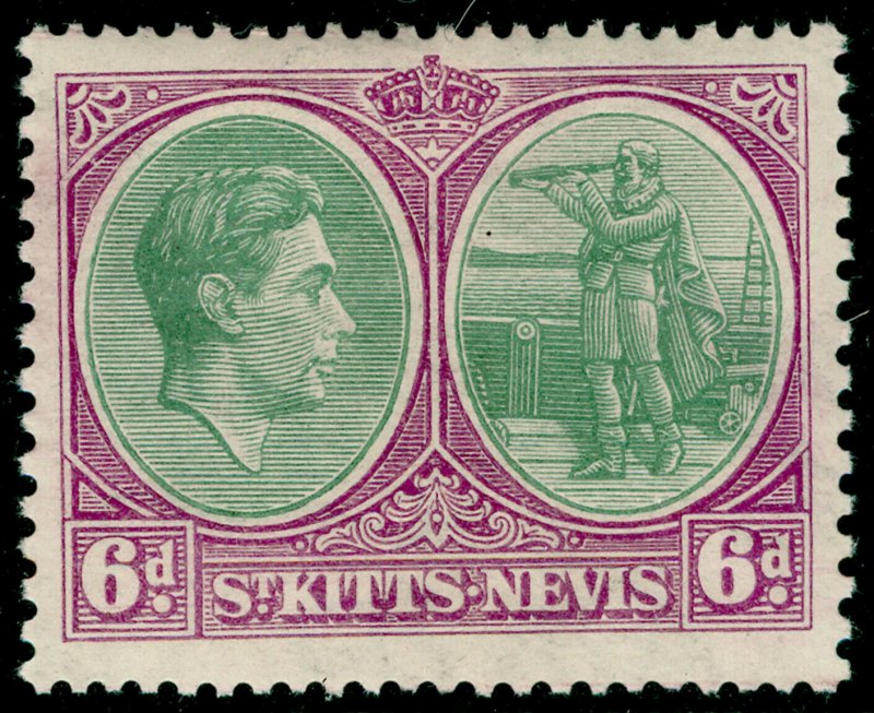 ST KITTS-NEVIS SG74, 6d grn & brt purple, LH MINT. PERF 13x12