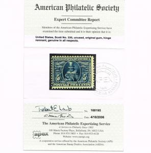 GENUINE SCOTT #330 MINT OG H 5¢ POCAHONTAS APS CERT SCV $120 - ESTATE SALE