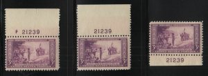 1934 Wisconsin Tercentenary 3c purple Sc 739 MNH matched plate numbers 21239 (C