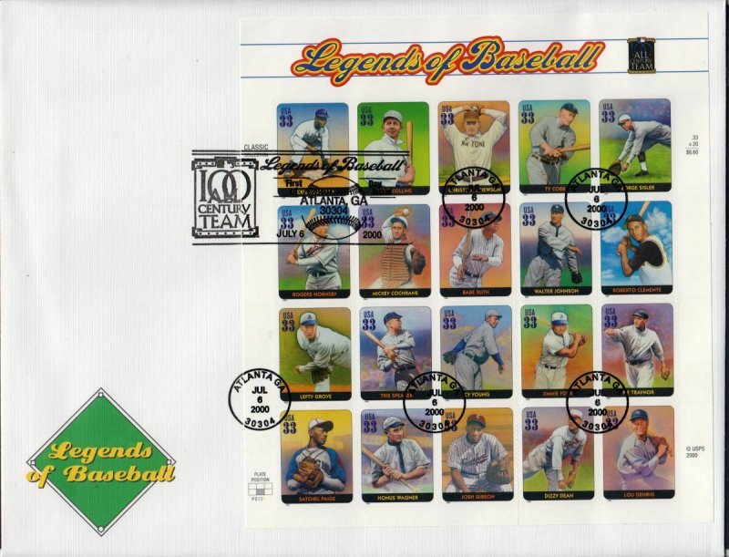 2000 Baseball Legends Sc 3408 sheet of 20 FIRST DAY COVER Fleetwood