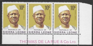 Sierra Leone #427 bottom corner strip of three.  MNH 1972