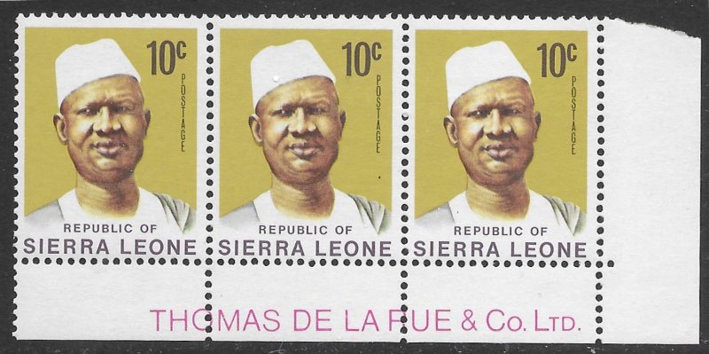 Sierra Leone #427 bottom corner strip of three.  MNH 1972