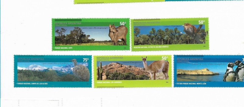 ARGENTINA 2003 NATIONAL PARKS PENGUINS BIRDS LAMA FAUNA SET OF 5 VALUES MNH 