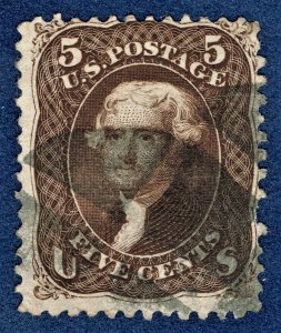 [st7067] USA 1867 Scott#95a used 5¢ Jefferson dark black-brown F-Grill cv:$2,300