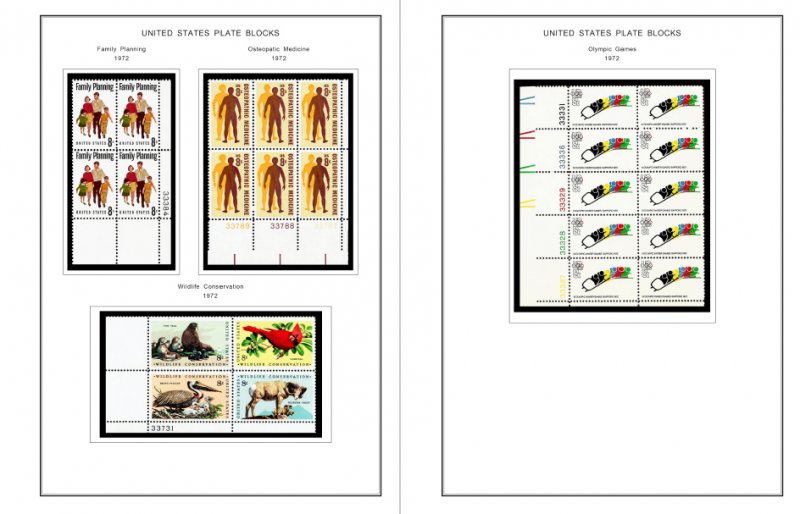 COLOR PRINTED US PLATE BLOCKS 1970-1975 STAMP ALBUM PAGES (68 illustrated pages)