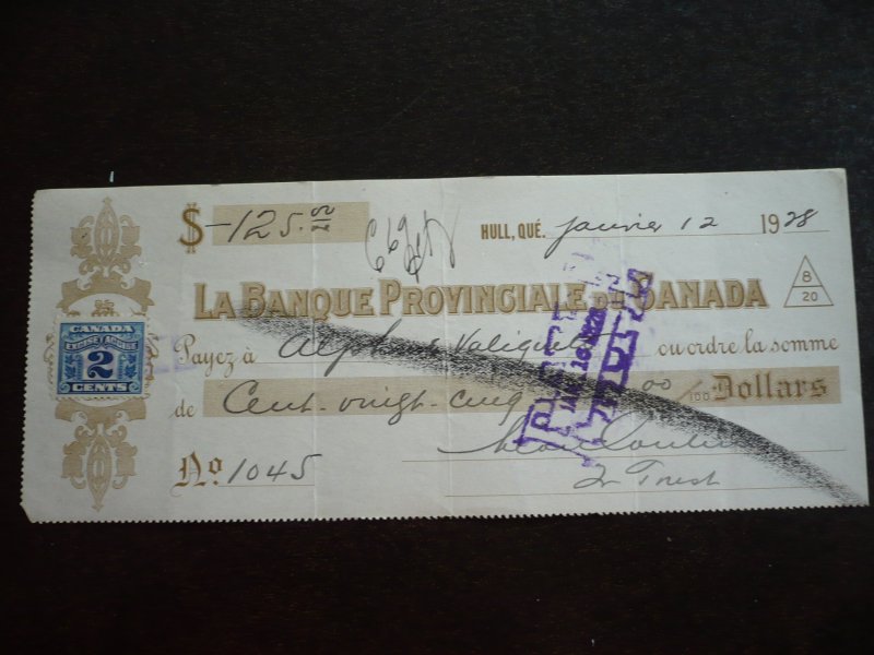 Canada - Revenue 2 c Excise Stamp on cheque