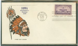 US 838 1938 3c Iowa Territory Centennial on an unaddressed FDC with a Pavois cachet