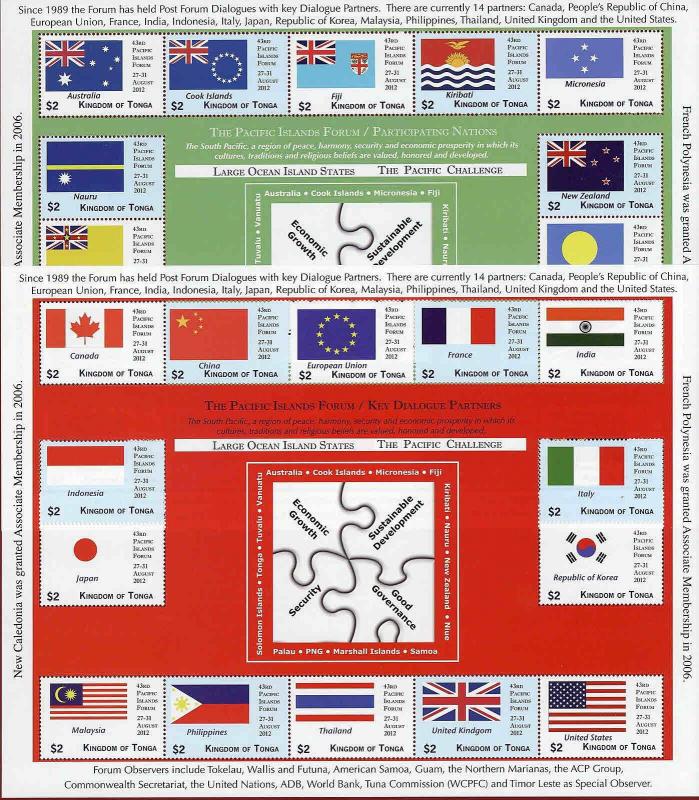 TONGA  Scott 1190-1191 Flag stamp sheets 2012 Forum CV$70