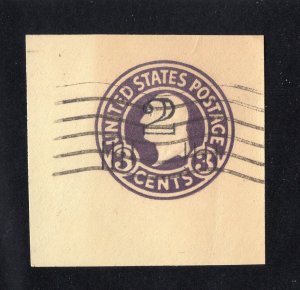 US 1920 2c on 3c dark violet Surcharged Cut Square, Scott U458 used, value = 35c